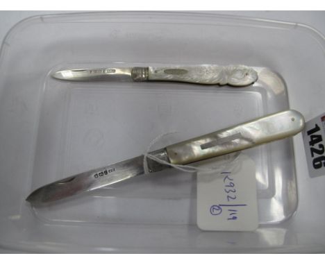 A Hallmarked Silver and Mother of Pearl Single Blade Folding Fruit Knife; together with a smaller example, with shaped and en