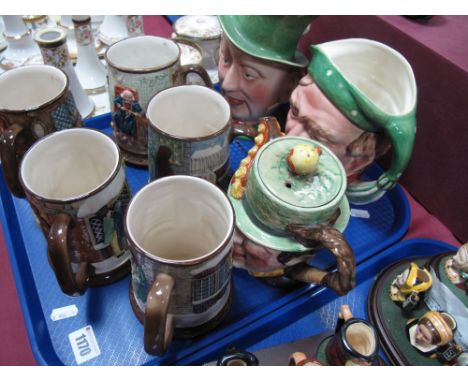 Beswick Character Jugs, Micawber and Scrooge, Sam Weller teapot and five Beswick limited edition Dickens character tankards:-