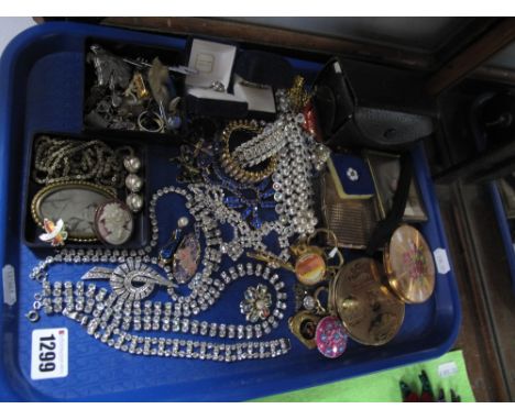 Assorted Costume Jewellery, including powder compacts, Instamatic camera, keyrings, diamanté necklaces, brooches, marcasite a