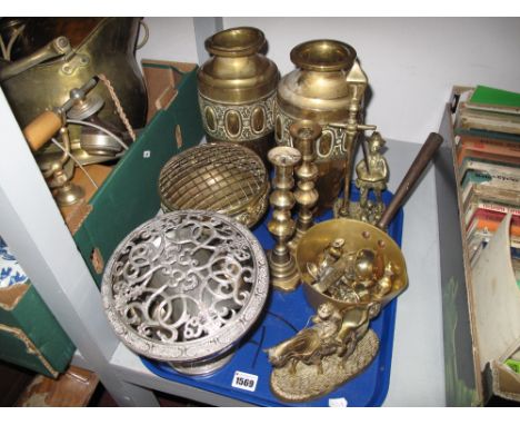 A Pair of Brass Vases, of shouldered ovoid form, a cast brass model of a horse and jockey, model lamp lighter, Victorian bras