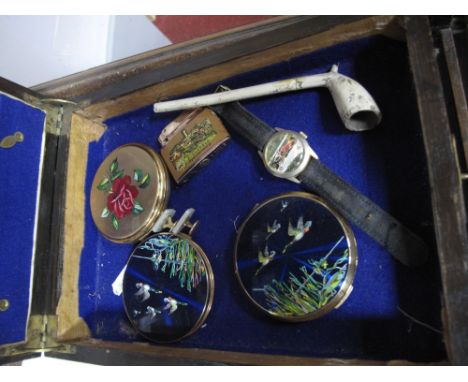 Mother of Pearl Panel Gent's Cufflinks, with applied detail, souvenir lighter, powder compacts, clay pipe, contained in a woo