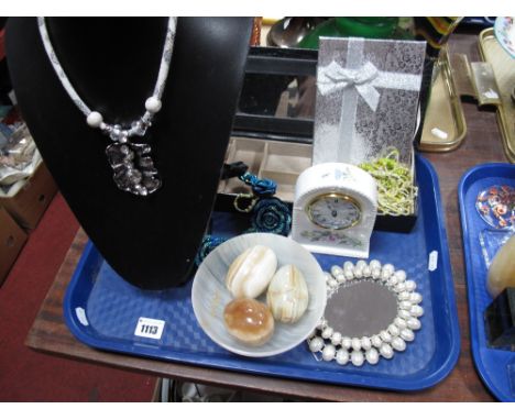 Necklaces, onyx eggs, Aynsley Wild Tudor mantel clock, etc:- One Tray