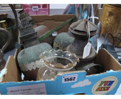 Railway: Hurricane Type Lamp, two copper wall oil lamps with glass walls, another similar.
