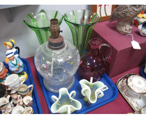 A Pair of Victorian Press Moulded Vaseline Glass Dishes, a pair of green glass vases, a crackle glass table lamp base, cranbe