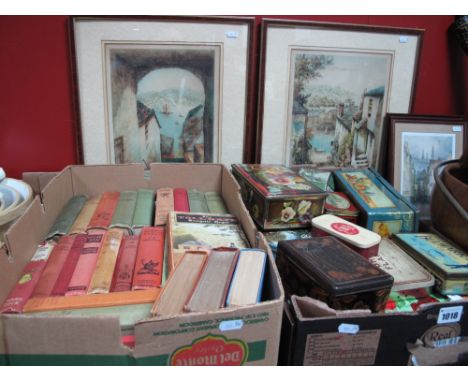 A Collection of Vintage Storage Tins, (St. Bruno, Mattock's, Cherry Blossom, etc), a quantity of mid XX Century literature (D