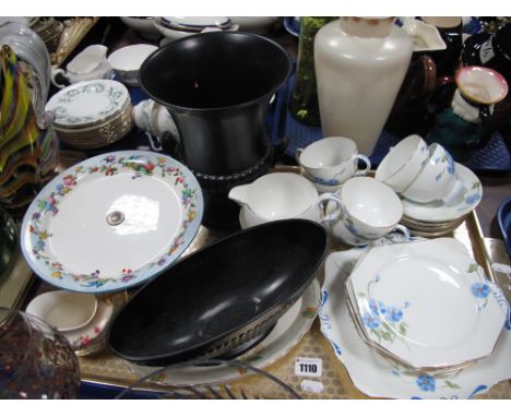 Paragon China Tea Service, black Wedgwood urn with shell handles, flower bowl, cake pedestal etc:- One Tray