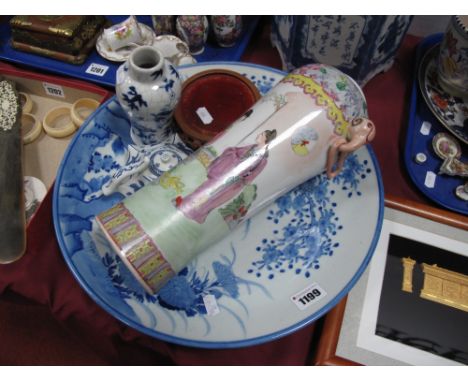 A Japanese Pottery Charger, waisted vase (30cm high), blue and white vase, hexagonal teapot and nine dragon screen pins set.