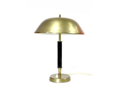 A Falkenbergs Belysning Sweden Brass Table Lamp, with fluted wooden body, Swedish control stamp, maker's label and numbered 6