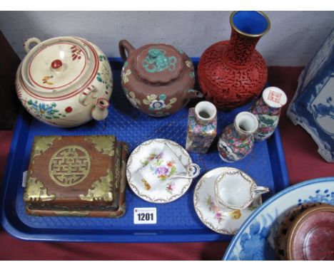 XIX Century Oriental Floral Enamelled Terracotta Teapot, Japanese example, brass mounted hardwood box, vases, pair German cab