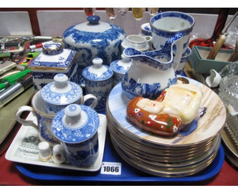 A Reproduction Victorian Style Blue and White Cheese Dish and Cover, Royal Worcester cabinet plates, blue and white spice jar