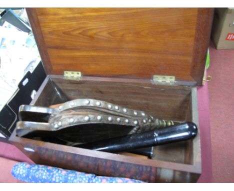 A Mahogany Box Full of Collectable Items, including a Victorian ebony case, bellows, clock case, etc. 