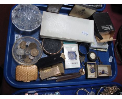 Ronson Varatronic and Other Lighters, powder compact, glass trinket pot and ring tree, enamel Royal Navy wings brooch, Timex 