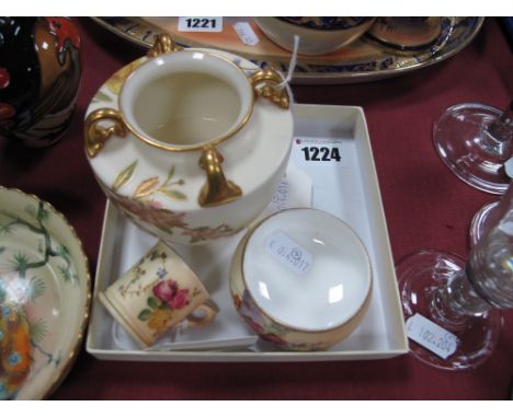 Royal Worcester Hand Painted Miniature Mug, 3.5cm tall, circular posy 6cm diameter and couldron having four upper gilt handle