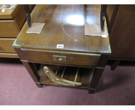 Mahogany Bedside Table, with brass corners, single drawer, under shelf; together with a book rack.