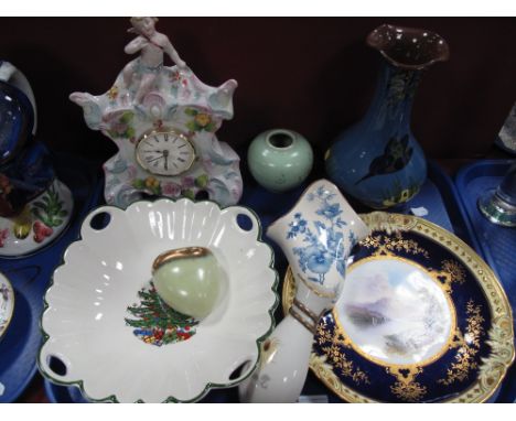 Coalport Plate, handpainted with a view of  'Windermere', signed A. Perry, Xmas dish, cherub mantel clock, etc:- One Tray