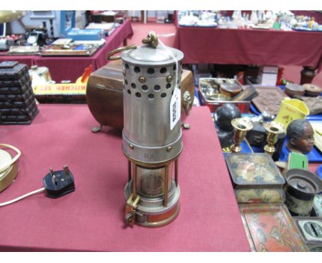 Miners Lamp by Davis, Derby, stamped "R.A." to white metal upper section.