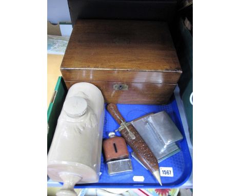 A Victorian Mahogany Writing Slope, a stoneware foot warmer, souvenir dagger and scabbard, hip flask, cigarette case, razor b