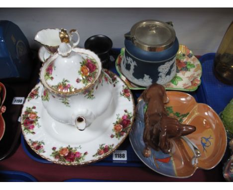 Royal Albert Old Country Roses Dinner Plates, teapot etc., Adams blue Jasperware biscuit barrel, Coopercraft dachshund, Norit