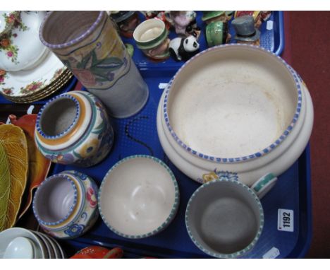 A Collection of Poole Pottery Bowls, Cylindrical Vase and Mug, decorated in the Traditional Floral patterns:- One Tray