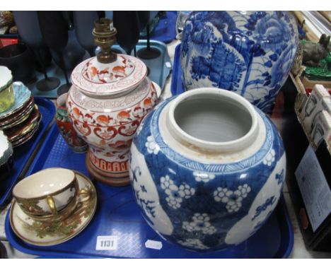 Oriental XIX Century Blue and White Japanese Vase, ginger Jar, (damages), pair of Satsuma cups and saucers, etc:- One Tray