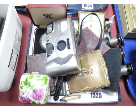 Opera Glasses, trinket box, Smiths bedside clock, powder compact with marcasite inset carriage detail, Rolls Royce Enthusiast