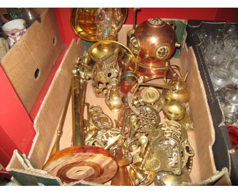 Oil Lamp, Binnacle type lamp, other brass and copper ware:- One Box
