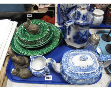 A Victorian Blue and White Teapot, of tapering octagonal form, Copeland 'Italian' teapot, cabbage leaf moulded plates/ dishes
