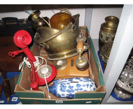 A Brass Coal Scuttle, blue and white piggybank, brass table lamp in the form of an oil lamp, telephones, etc:- One Box