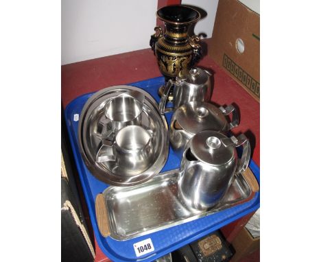 An Old Hall Stainless Steel Four Piece Tea Service, jug on stand, three other trays, Greek urn.