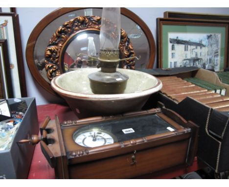 An Edwardian Inlaid Mahogany Bevelled Oval Wall Mirror, circular wall mirror, reproduction mahogany wall clock, porcelain and