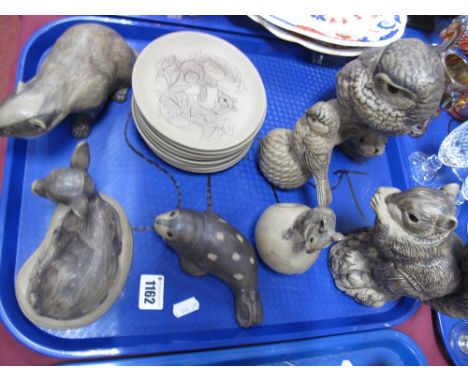 A Collection of Poole Stoneware Sculptures, various artists, including owl, squirrel, badger, seal, deer, mouse and bird on p