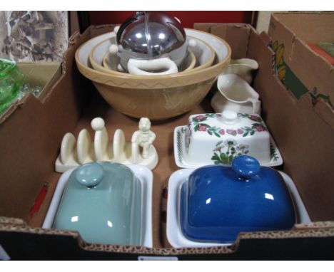 Three Mixing Bowls, Denby (2) and Portmeirion butter dishes, Lurpak toast rack, Celtic teapot, gravy boats:- One Box