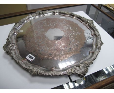 Howson Brothers Plate on Copper Salver, with gadrooned edge, engraved centre, on scroll feet.