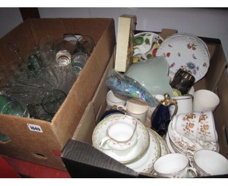 Glassware, oil lamp finials, Colclough 'Avon' teaware, other ceramics:- Two Boxes
