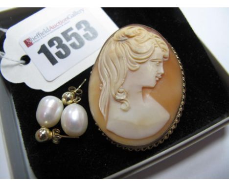 A 9ct Gold Oval Shell Carved Cameo Brooch, depicting female profile; together with a pair of modern pearl earrings. 