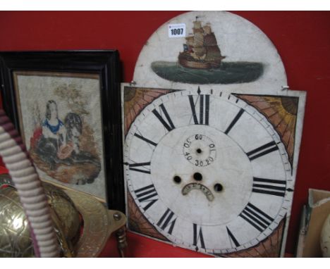 A Berlin Woolwork Depiction of a Seated Girl with a Dog, in ebonised frame, and a repainted longcase clock face. (2)