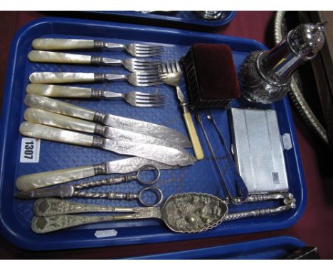Mother of Pearl Handled Fish Knives and Forks, plush trinket box, sugar shaker, cigarette case, grape scissors, berry spoons,