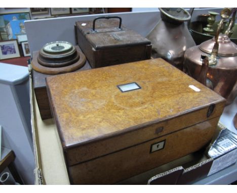 A Victorian Birdseye Maple Work Box, of rectangular form, rosewood stringing and mother of pearl escutcheon, an oak box, Vict