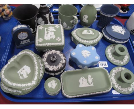 Wedgwood Jasperware, of twenty pieces, including royal blue clock, powder blue pentagonal box, black vases:- One Tray
