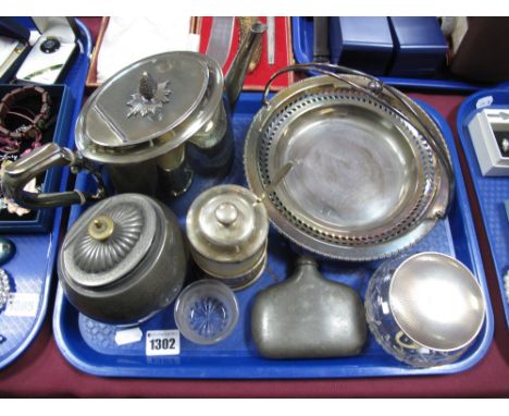 Silver Topped Tidy jar, EPBM Caddy, pewter flask, plated teapot, etc:- One Tray.