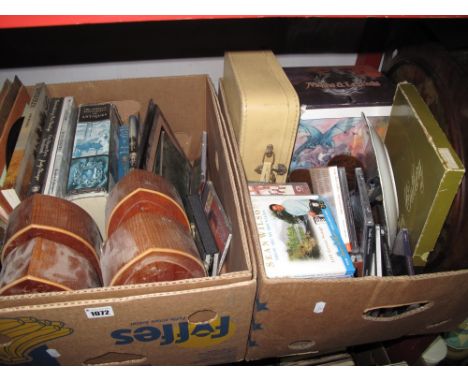Books, clock cases, records, cutlery, needlework panel, Myths & Legends figure, etc:- Two Boxes