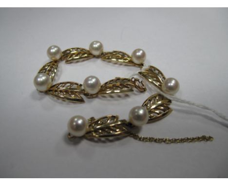 A Modern Pearl Set Bracelet, of stylised openwork leaf design, with uniform pearl highlights (clasp damaged).