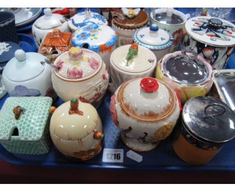 A Collection of Honey and Preserve Pots, including Burleigh Art Nouveau, Radford, Poole, Crescent etc:- One Tray