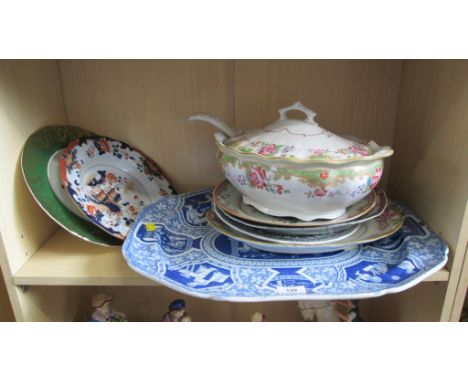 A 19th century blue and white meat dish, transfer decorated with classical reserves, a Royal Temple soup tureen, ladle and st