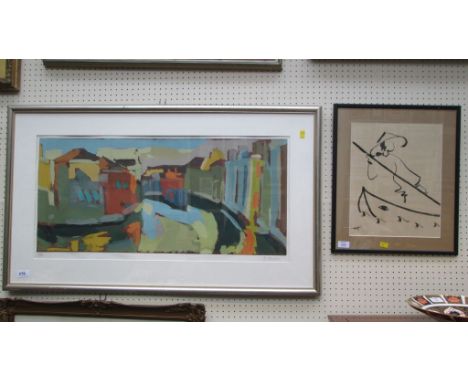 A large signed abstract print and an oriental wood block print