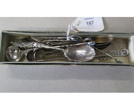 A collection of silver and plated coffee spoons and other items of small flatware