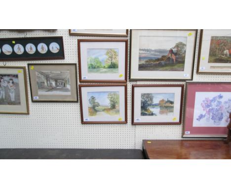 P.A. Kinnear, three watercolour landscapes, probably Northamptonshire, a print after Renoir, a coloured engraving of Chester,