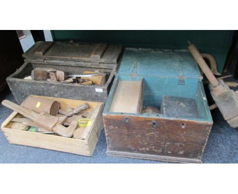 A collection of Victorian and later cabinet maker's and other tools, including planes, chisels, clamps, twin handled cross-cu