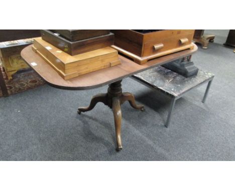 A part George III mahogany snap top table, the rectangular top with reeded edge on a later baluster column, three leaf carved
