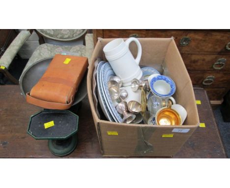 A box of miscellaneous items, including Polaroid land camera, T G Green wares and scales, etc